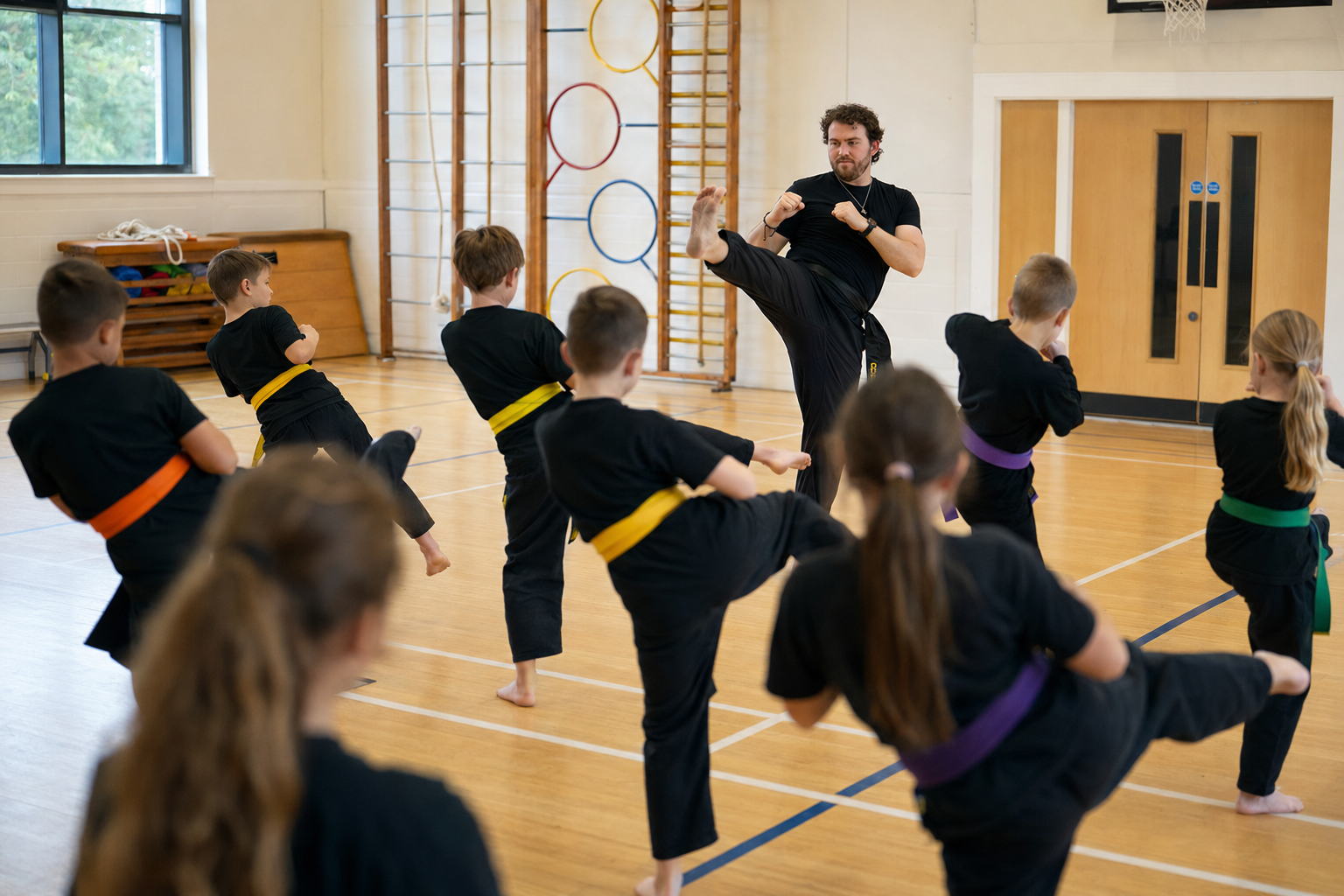 Archie Dunnett teaching a children's martial arts class, kicking alongside students in coloured belts