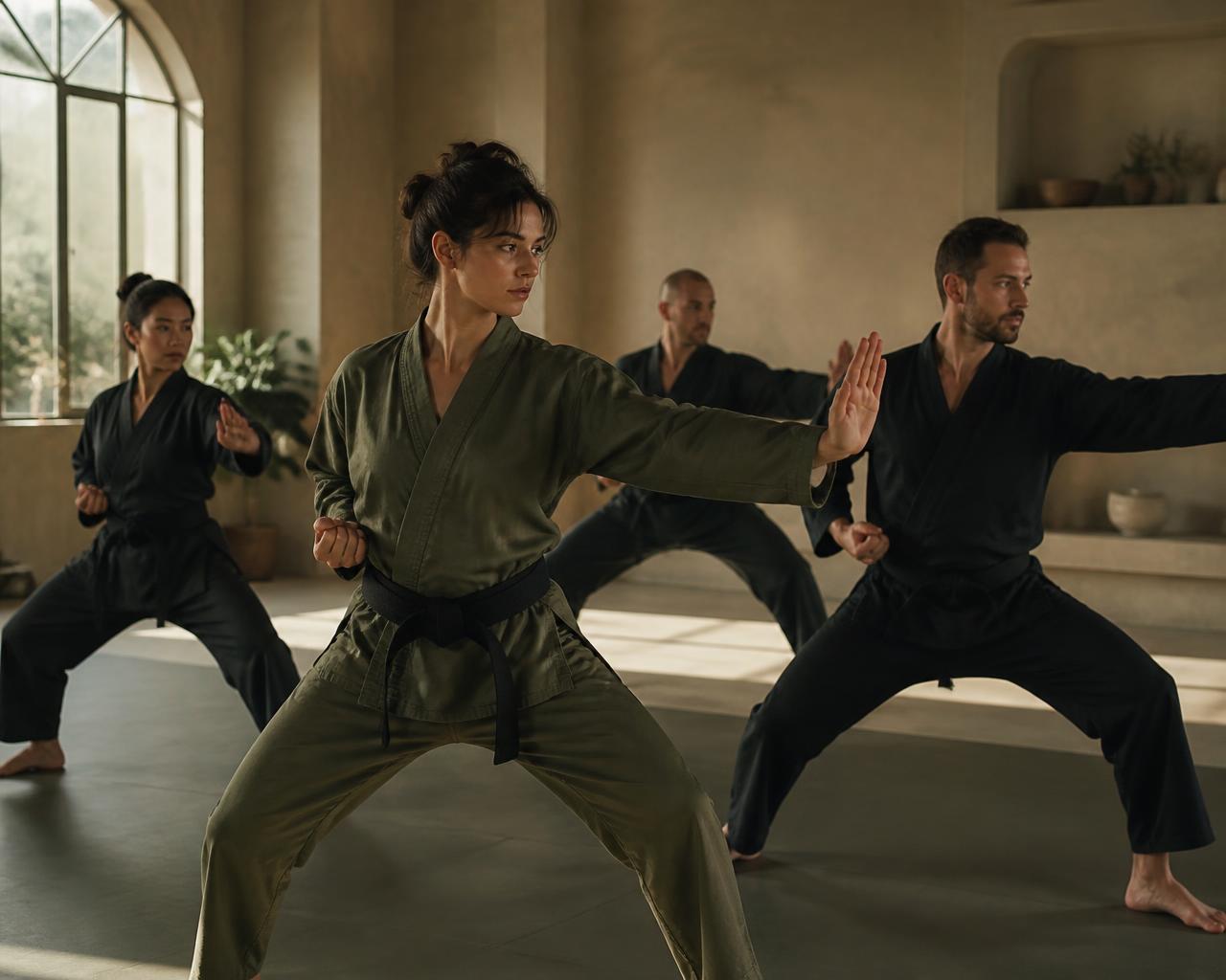 Adults training martial arts in a warm, minimal studio