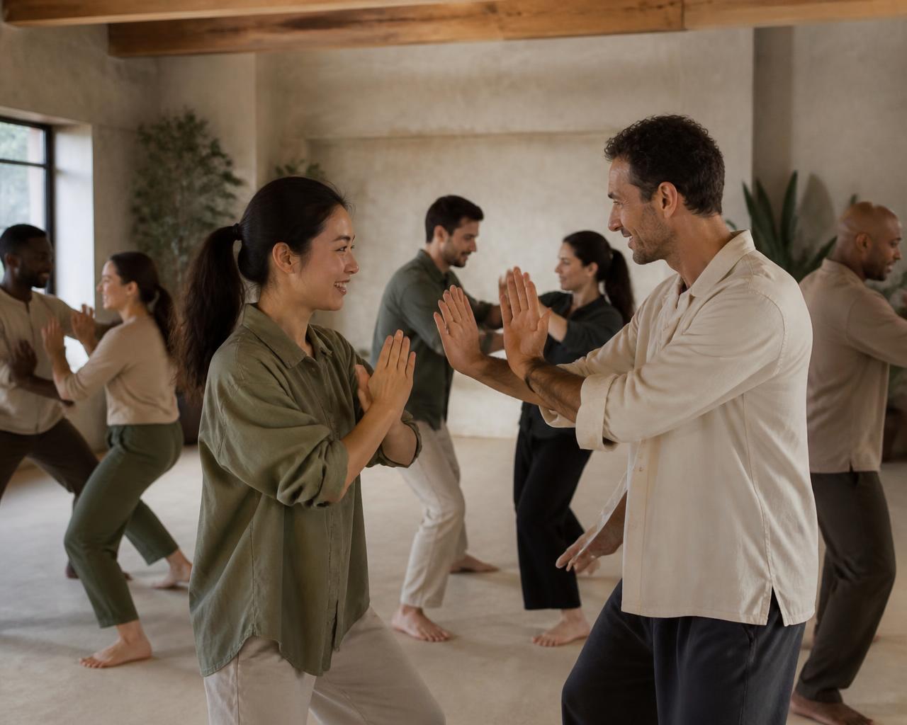A group taking part in a Bamboo Studios corporate martial arts experience